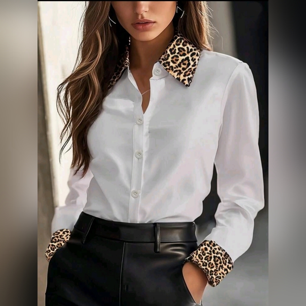 Leopard Accent White Button-Up Blouse